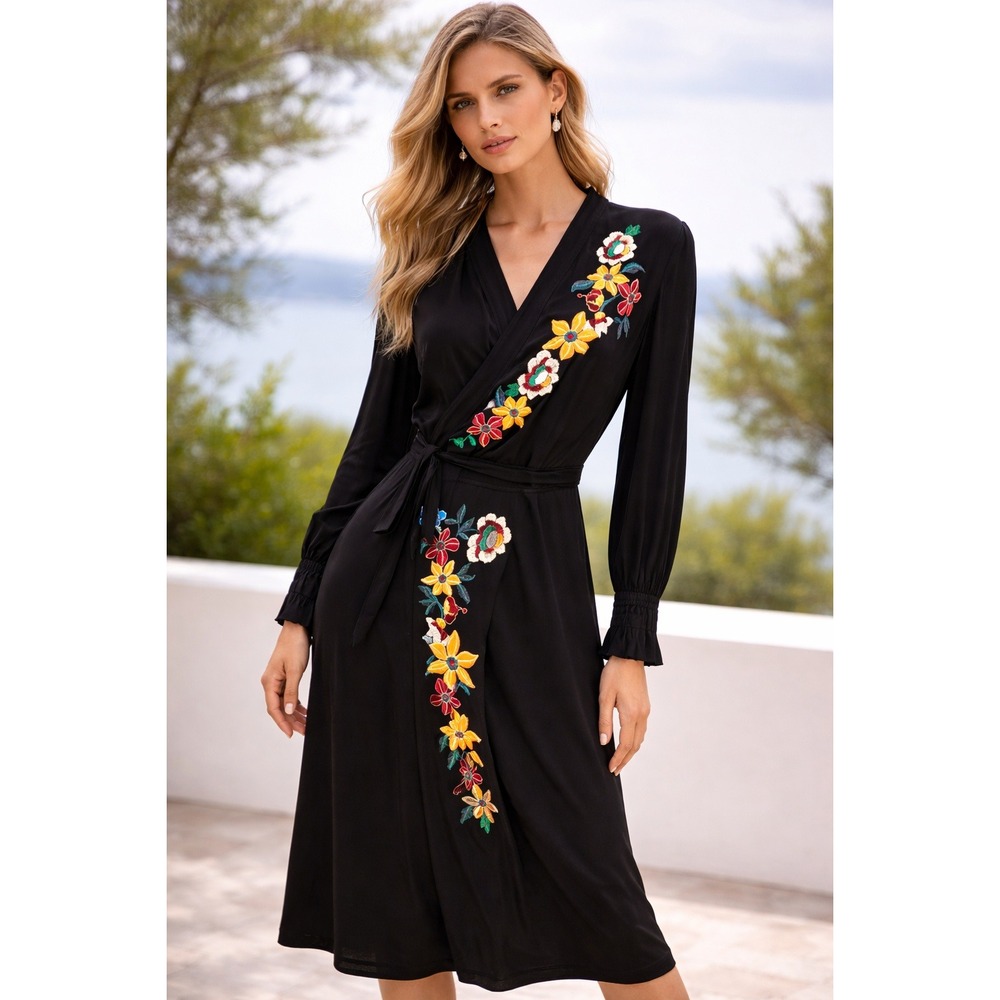 NWT Etro Milano Black‎ Floral Embroidered Wrap Dress Made in Italy Size 44/ US 8